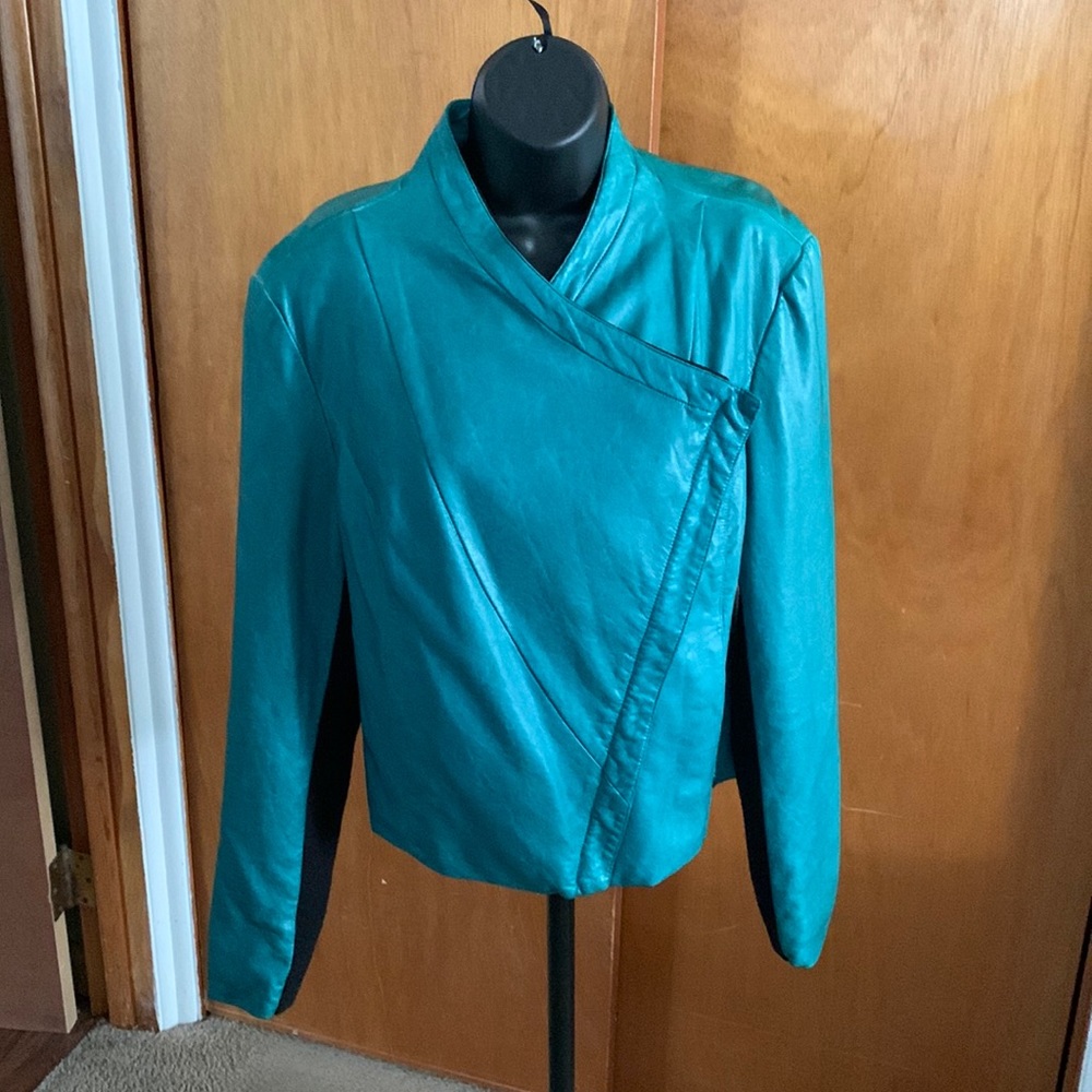 Buffalo by David Bitton Teal Faux leather jacket with black rib knit trim Sz L